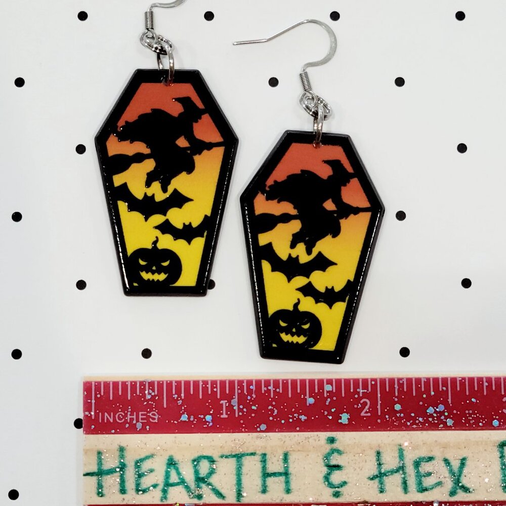 Yellow Orange Witch with Bats and Pumpkin Coffin Earrings Stainless Steel Hooks - Picture 4 of 6